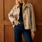 Women's Classic Trench Coat with Turn-Down Collar and Check Pattern Cotton Jacket 7