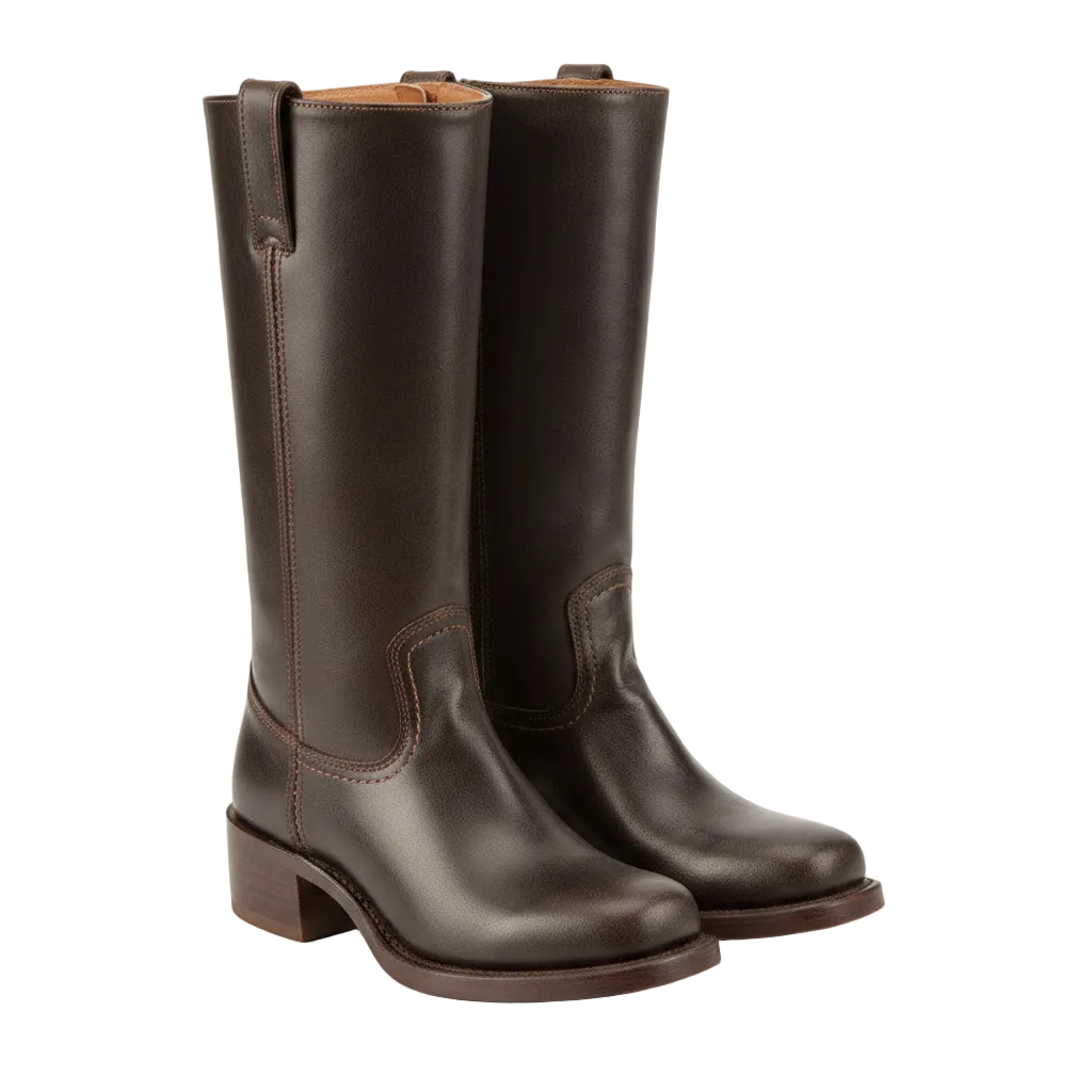 Women’s Knee-High Cowboy Boots with sculpted western heel in dark brown.