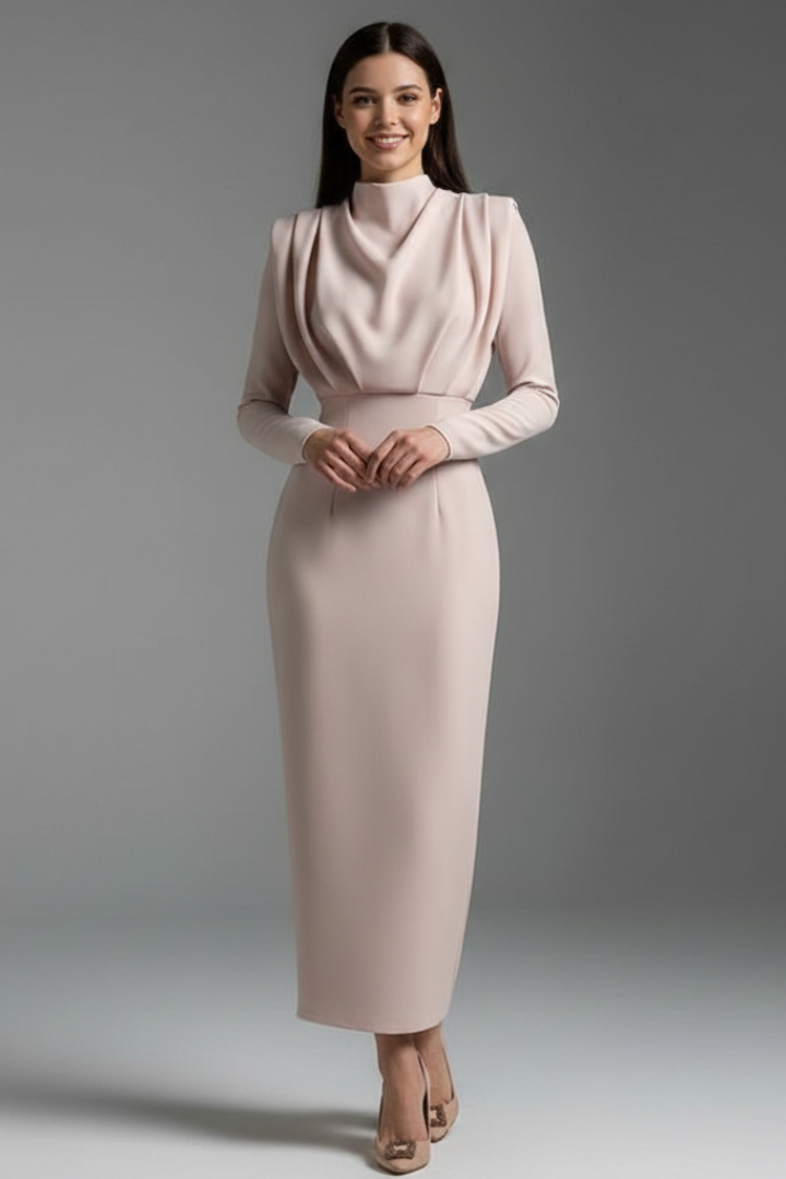Women’s Dress with High Neckline and Long Sleeves Apricot
