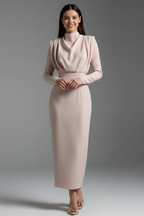 Women’s Dress with High Neckline and Long Sleeves Apricot