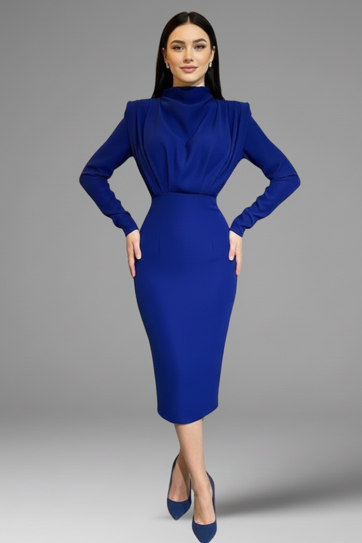 Women’s Dress with High Neckline and Long Sleeves Royal Blue
