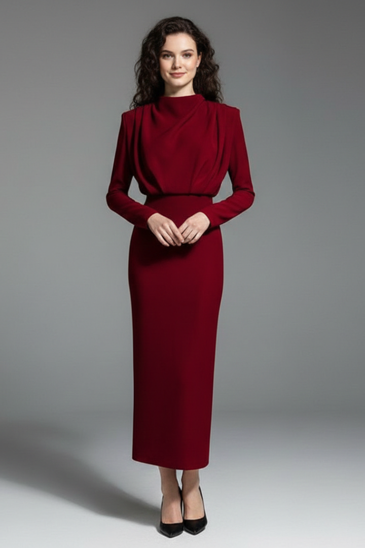 Women’s Dress with High Neckline and Long Sleeves Wine Red