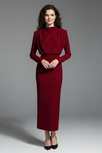 Women’s Dress with High Neckline and Long Sleeves Wine Red