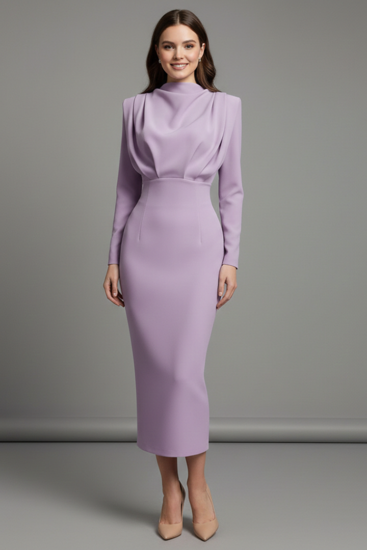 Women’s Dress with High Neckline and Long Sleeves Purple