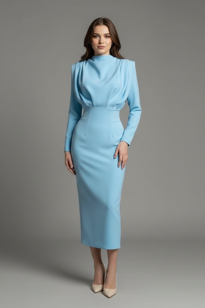 Women’s Dress with High Neckline and Long Sleeves Light Blue