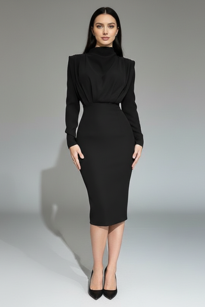 Women’s Dress with High Neckline and Long Sleeves Black