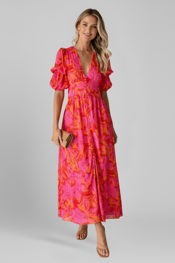 Women’s V-Neck Dress – Voluminous Puff Sleeves, Tailored Waist & Celestial Elegance Red