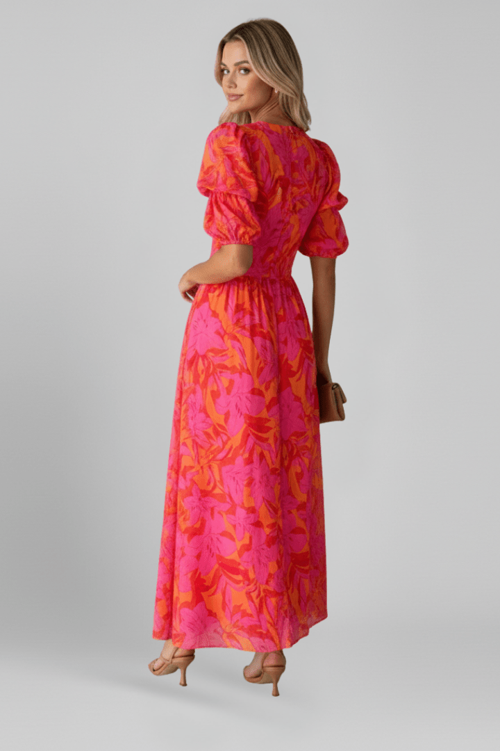 Women’s V-Neck Dress – Voluminous Puff Sleeves, Tailored Waist & Celestial Elegance
