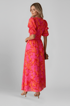 Women’s V-Neck Dress – Voluminous Puff Sleeves, Tailored Waist & Celestial Elegance