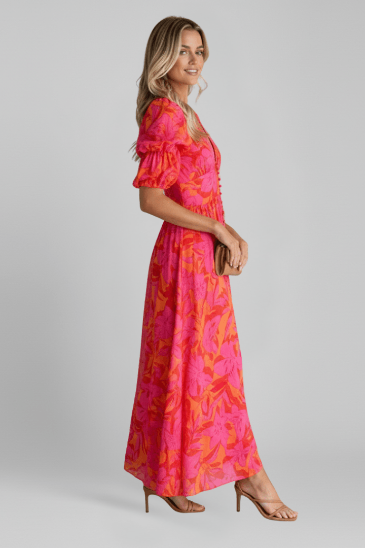 Women’s V-Neck Dress – Voluminous Puff Sleeves, Tailored Waist & Celestial Elegance