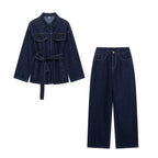 Women's Fashion 2-Piece Denim Jacket And Jeans Pants Set With Belt And Vintage Zipper 1