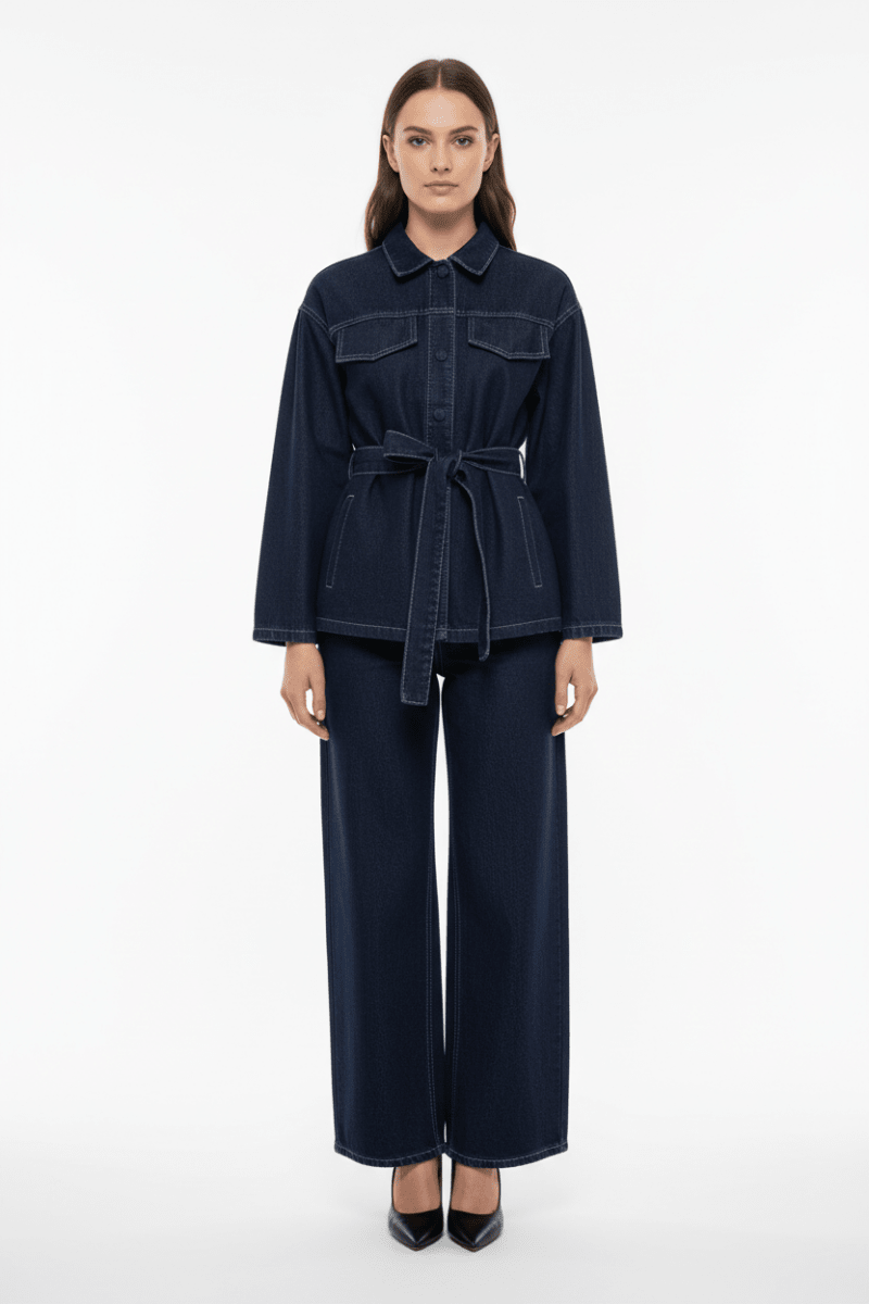 Women's Fashion 2-Piece Denim Jacket And Jeans Pants Set With Belt And Vintage Zipper 2