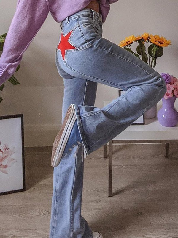 Star | Women's Flare Jeans Cotton with Star Patch High-Waisted Retro Style