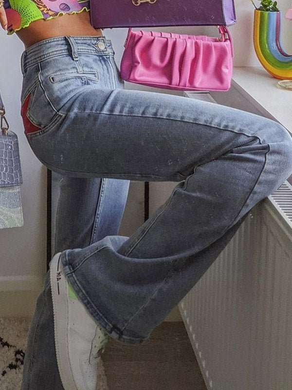 Star | Women's Flare Jeans Cotton with Star Patch High-Waisted Retro Style