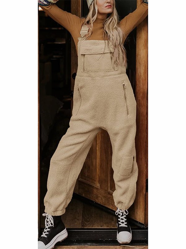 Women's Fleece Thermal Overalls With Zippered Pockets Khaki