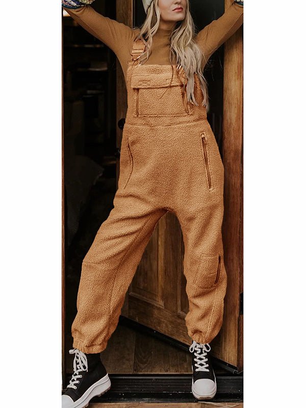 Women's Fleece Thermal Overalls With Zippered Pockets Brown