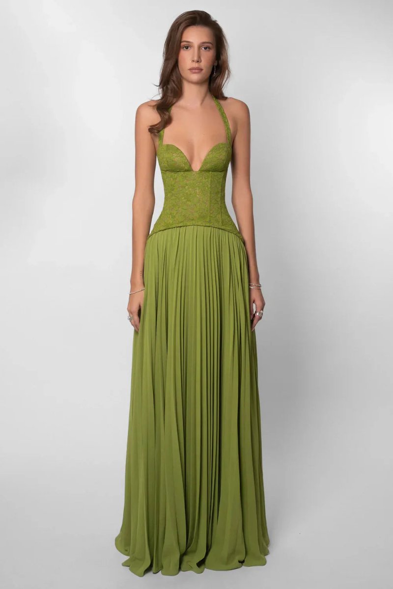 Women's Halter Maxi Wedding Guest Dress with Pleated Skirt and Lace 5