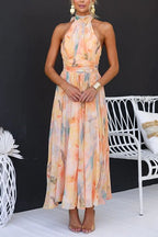 Women’s Halter Neck Maxi Dress with Tie Back and Gathered Waist 0