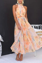 Women’s Halter Neck Maxi Dress with Tie Back and Gathered Waist 1