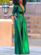 Women's Jumpsuit - Shiny Finish - V-Neck - 3/4 Sleeves - Wide Legs - Elegant Fit 0