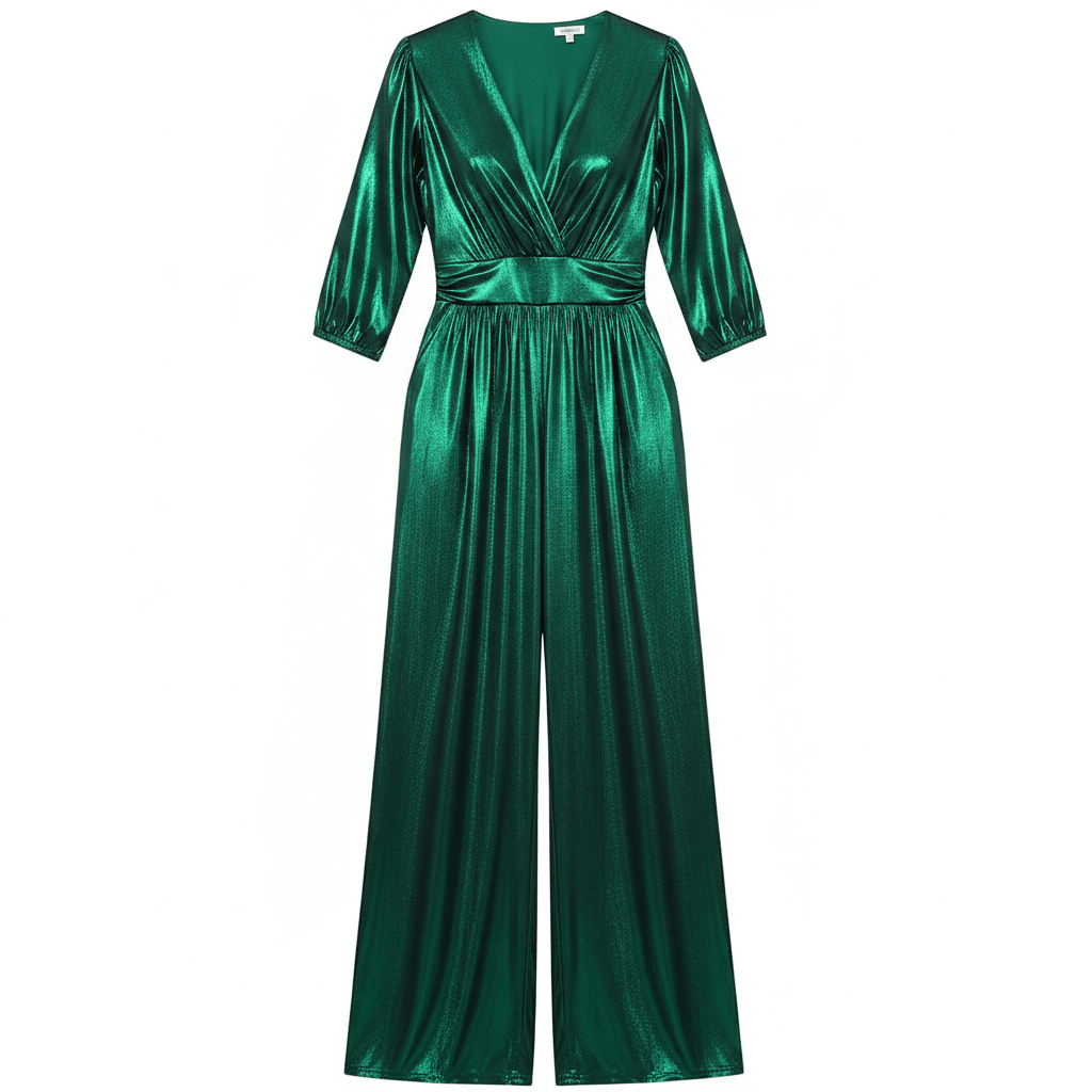 Pamelo | Women's Jumpsuit - Shiny Finish - V-Neck - 3/4 Sleeves - Wide Legs - Elegant Fit
