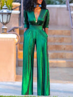 Women's Jumpsuit - Shiny Finish - V-Neck - 3/4 Sleeves - Wide Legs - Elegant Fit 1