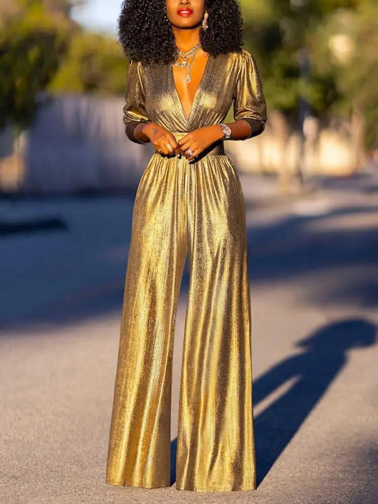 Women's Jumpsuit - Shiny Finish - V-Neck - 3/4 Sleeves - Wide Legs - Elegant Fit 3