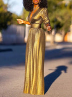 Women's Jumpsuit - Shiny Finish - V-Neck - 3/4 Sleeves - Wide Legs - Elegant Fit 4