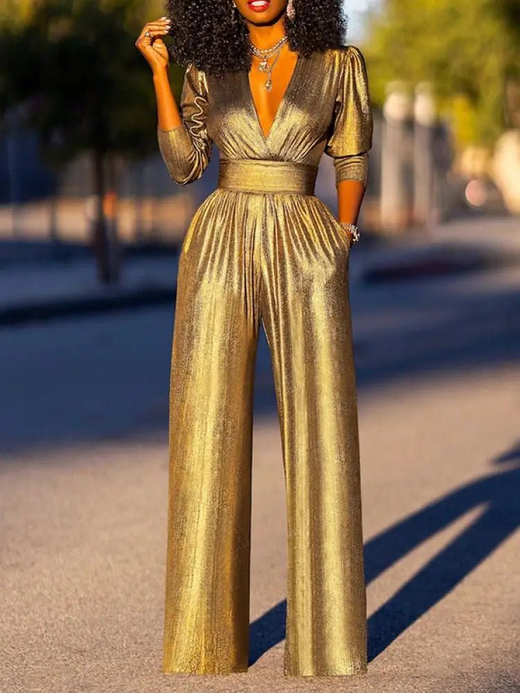 Women's Jumpsuit - Shiny Finish - V-Neck - 3/4 Sleeves - Wide Legs - Elegant Fit 5