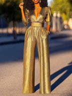 Women's Jumpsuit - Shiny Finish - V-Neck - 3/4 Sleeves - Wide Legs - Elegant Fit 5