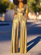 Women's Jumpsuit - Shiny Finish - V-Neck - 3/4 Sleeves - Wide Legs - Elegant Fit 7