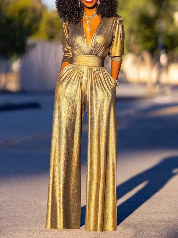 Women's Jumpsuit - Shiny Finish - V-Neck - 3/4 Sleeves - Wide Legs - Elegant Fit 7