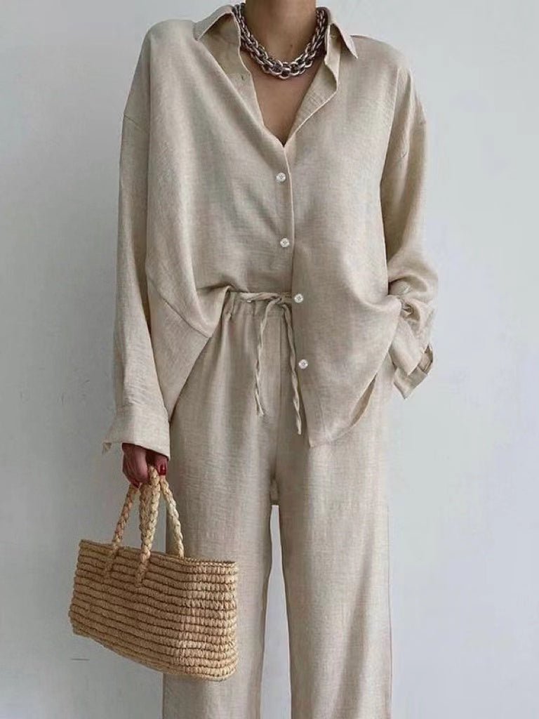 Women's Linen Two-Piece Set: Blouse and Wide-Leg Trousers, Comfortable 0