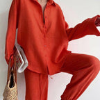 Women's Linen Two-Piece Set: Blouse and Wide-Leg Trousers, Comfortable 2