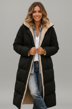 Amore | Women’s Long Coat – Protective Hood & Seamless Zip Integration Black