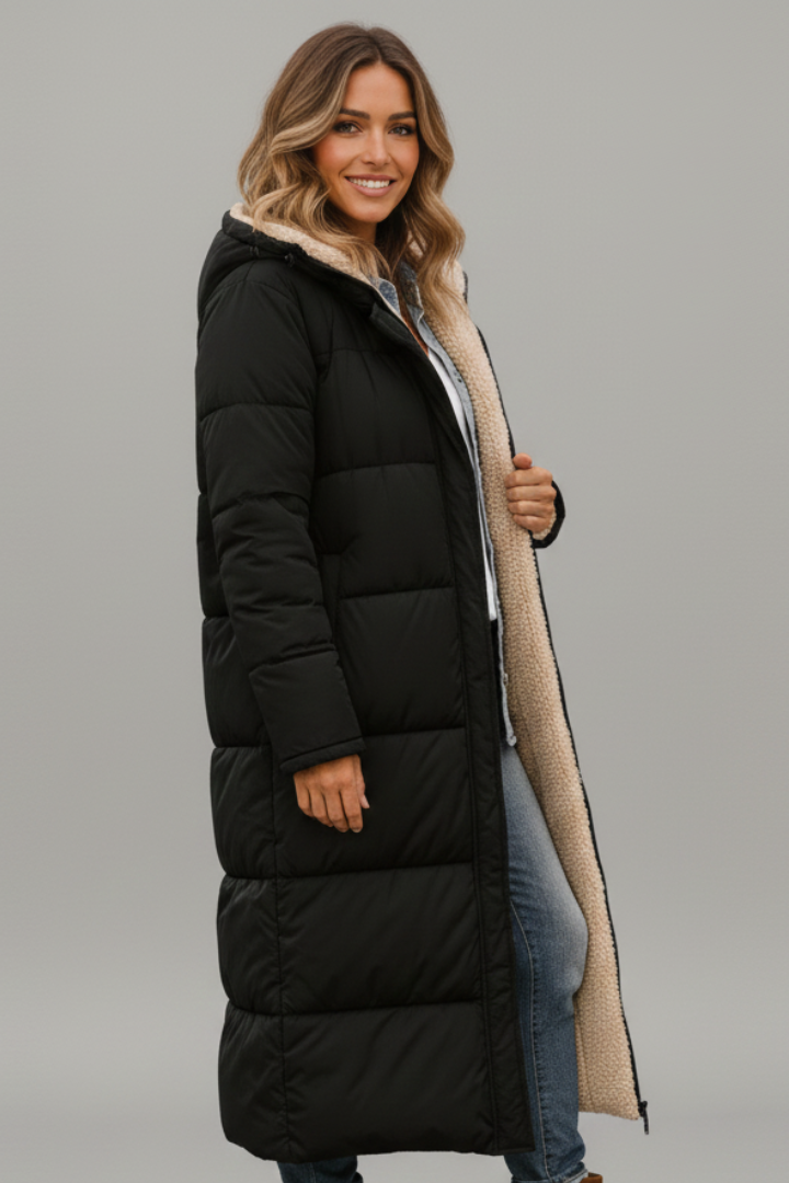 Amore | Women’s Long Coat – Protective Hood & Seamless Zip Integration