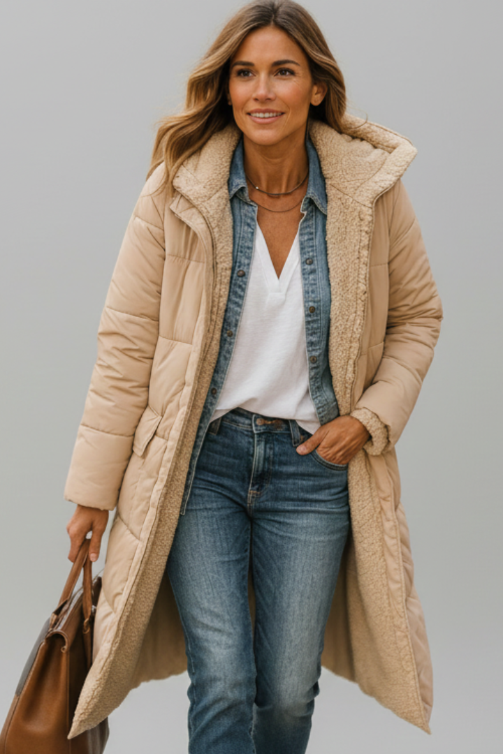 Amore | Women’s Long Coat – Protective Hood & Seamless Zip Integration Beige