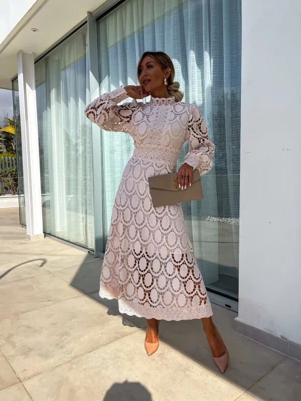 Women's Maxi Dress with High Neck Lace and Long Sleeves 0