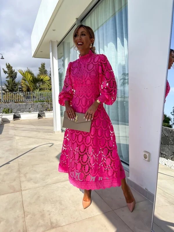 Women's Maxi Dress with High Neck Lace and Long Sleeves 2