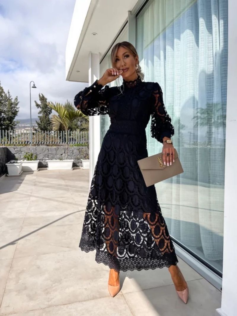 Women's Maxi Dress with High Neck Lace and Long Sleeves 3