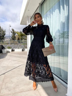 Women's Maxi Dress with High Neck Lace and Long Sleeves 3
