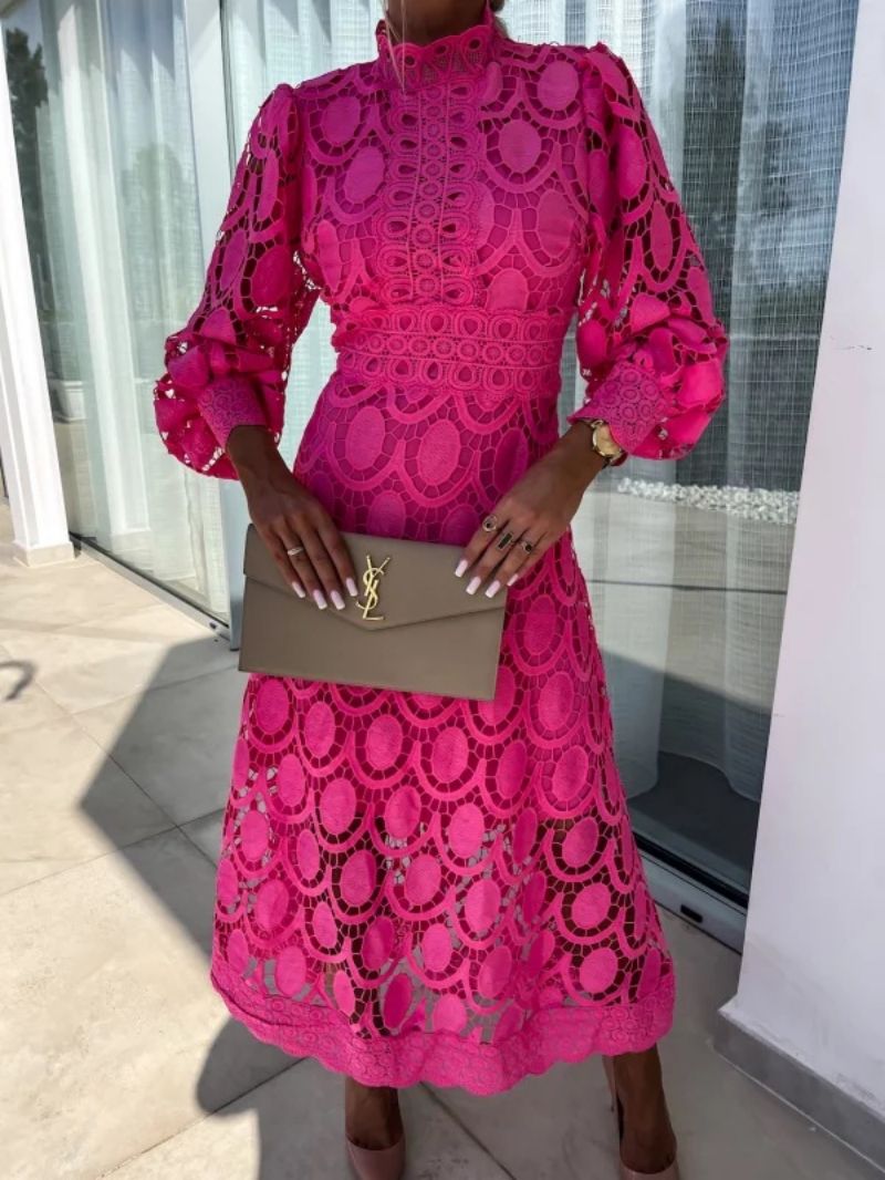 Women's Maxi Dress with High Neck Lace and Long Sleeves 5