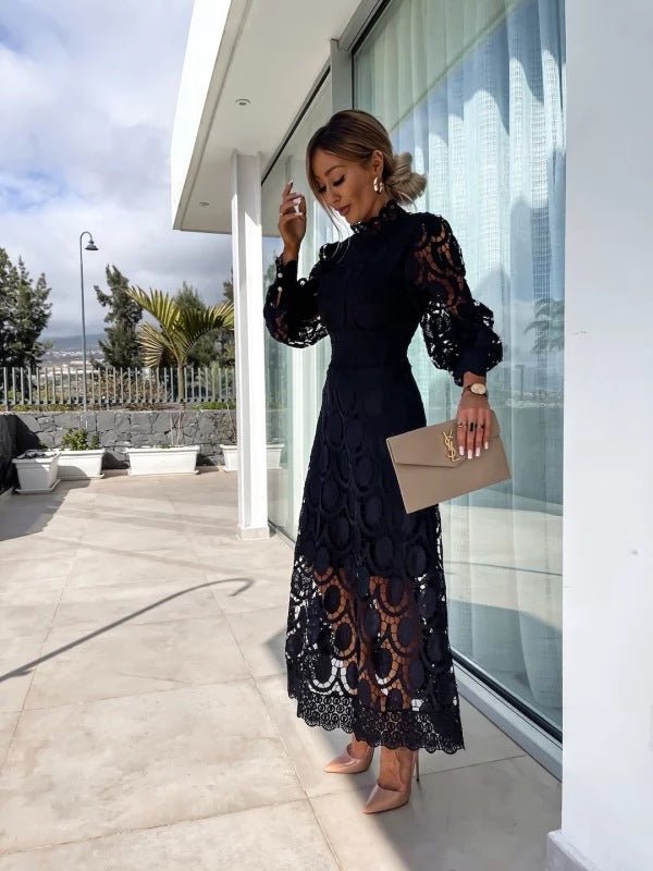 Women's Maxi Dress with High Neck Lace and Long Sleeves 6