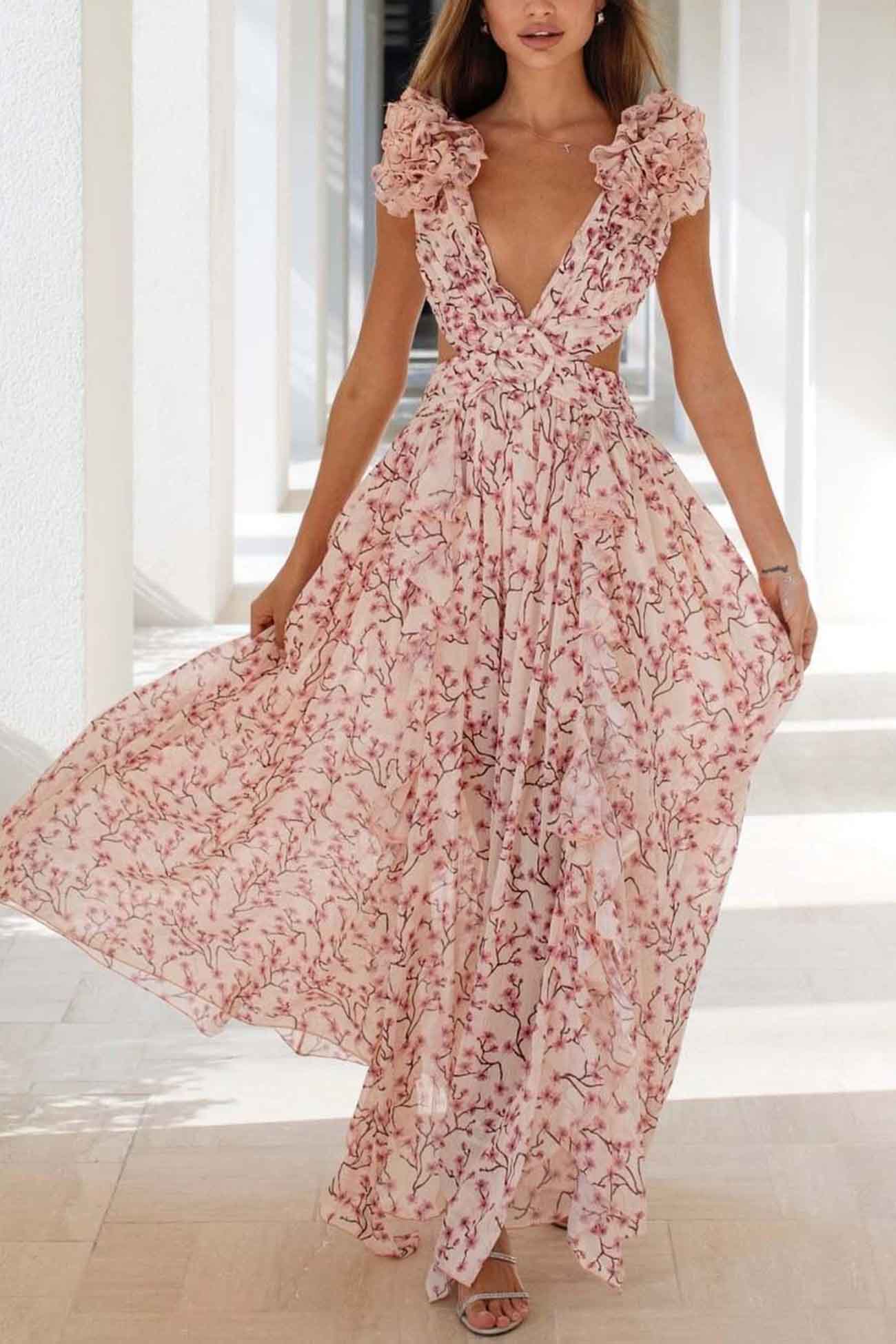 Women's Maxi Dress with V-Neck Ruffled Straps and Slit 0