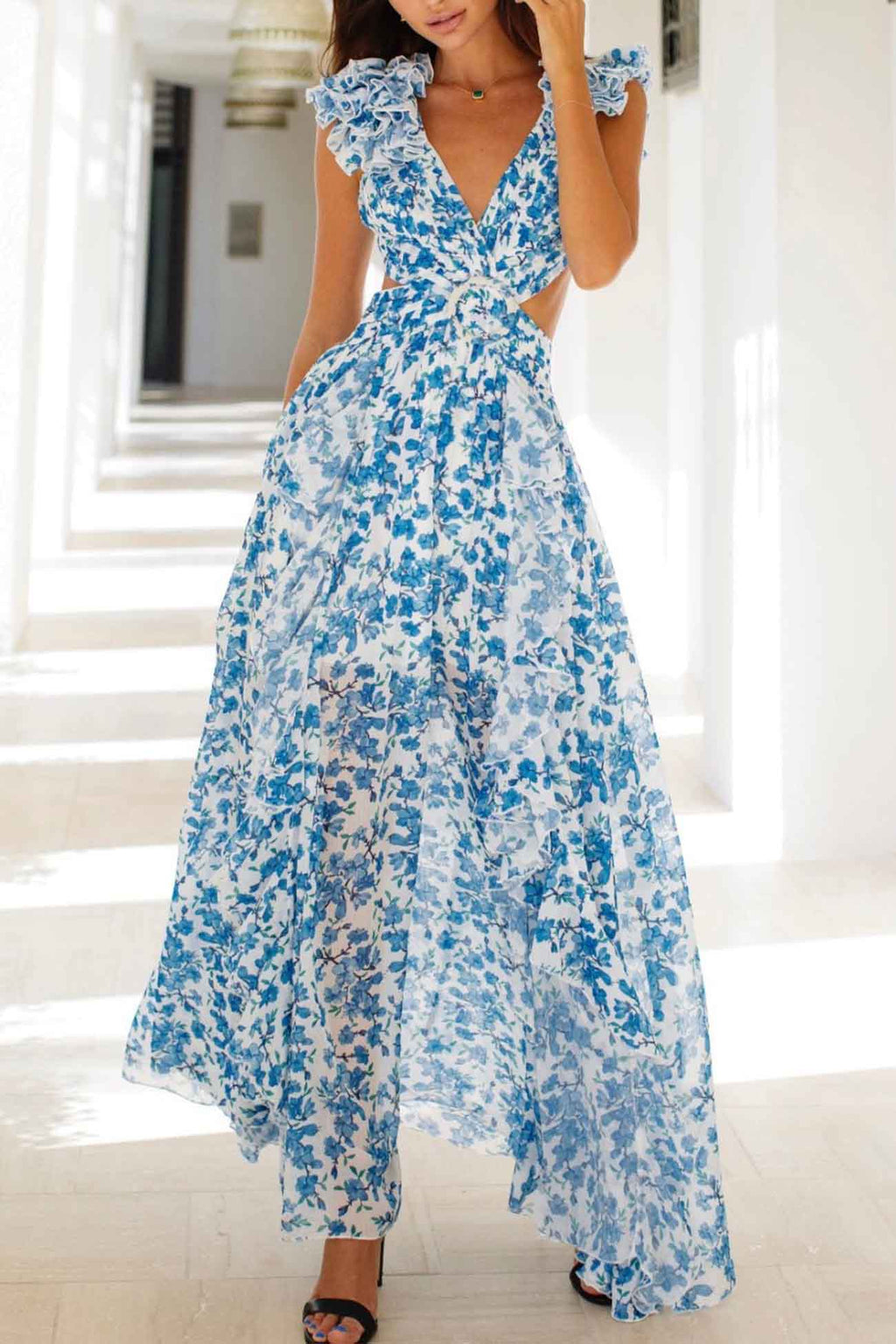 Women's Maxi Dress with V-Neck Ruffled Straps and Slit 1