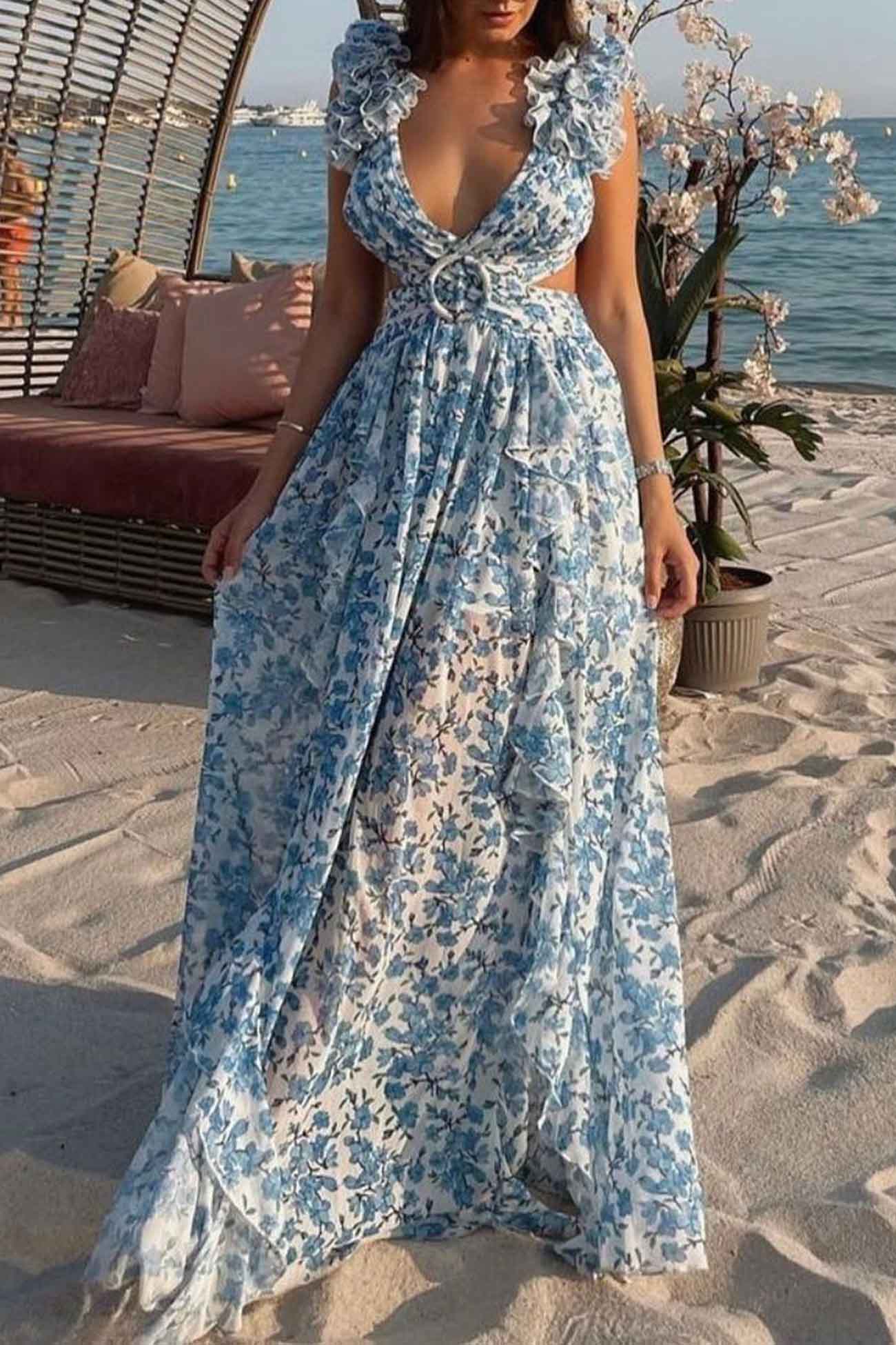 Women's Maxi Dress with V-Neck Ruffled Straps and Slit 6