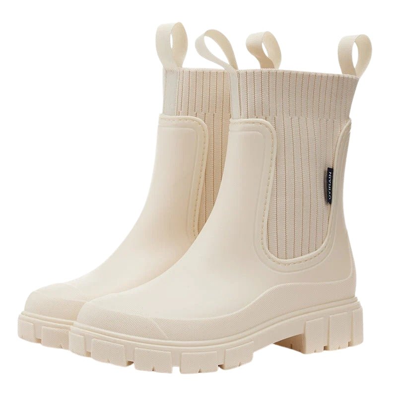Women's Mid Calf Pull On Boots with Chunky Sole Beige
