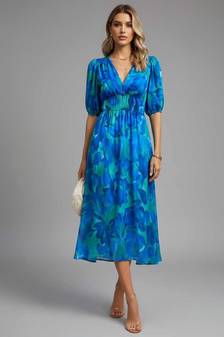 Women’s Midi Dress with Puff Sleeves and Floral Print Blue
