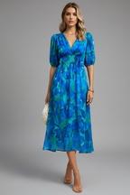 Women’s Midi Dress with Puff Sleeves and Floral Print Blue