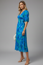 Women’s Midi Dress with Puff Sleeves and Floral Print